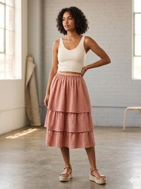 NWT lilou Oval Tweed Elastic Tiered Ruffle Pink Barbie Coquette MIDI Skirt 16